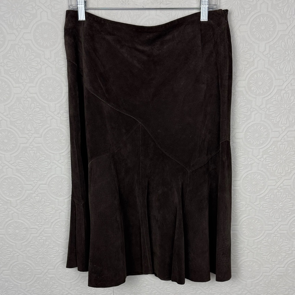 Vintage Ideology Genuine Suede Dark Brown Midi‎ Skirt Grunge Y2K Boho 90s Size 8